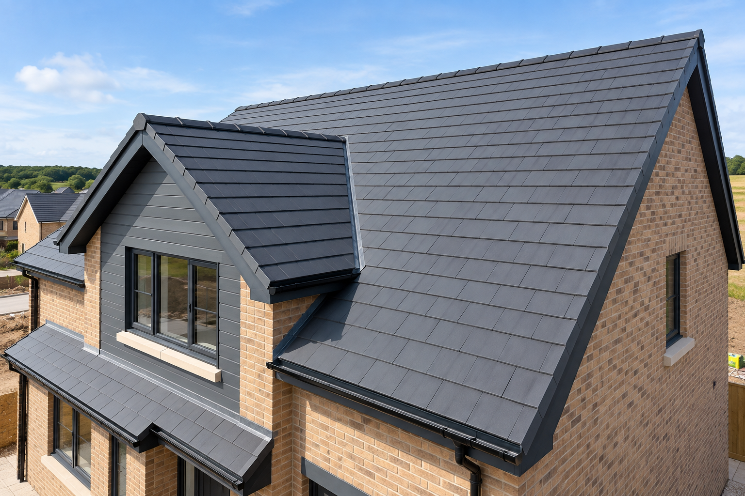 Roofer inspecting residential roof tiles